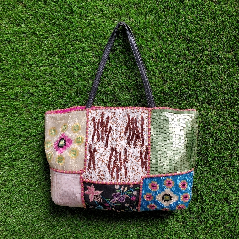 Vintage Multicolor Mixed Print Sequin Beaded Handbag